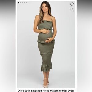 MABLE by ANTHRO; Olive Satin Smocked Fitted Maternity Midi Dress